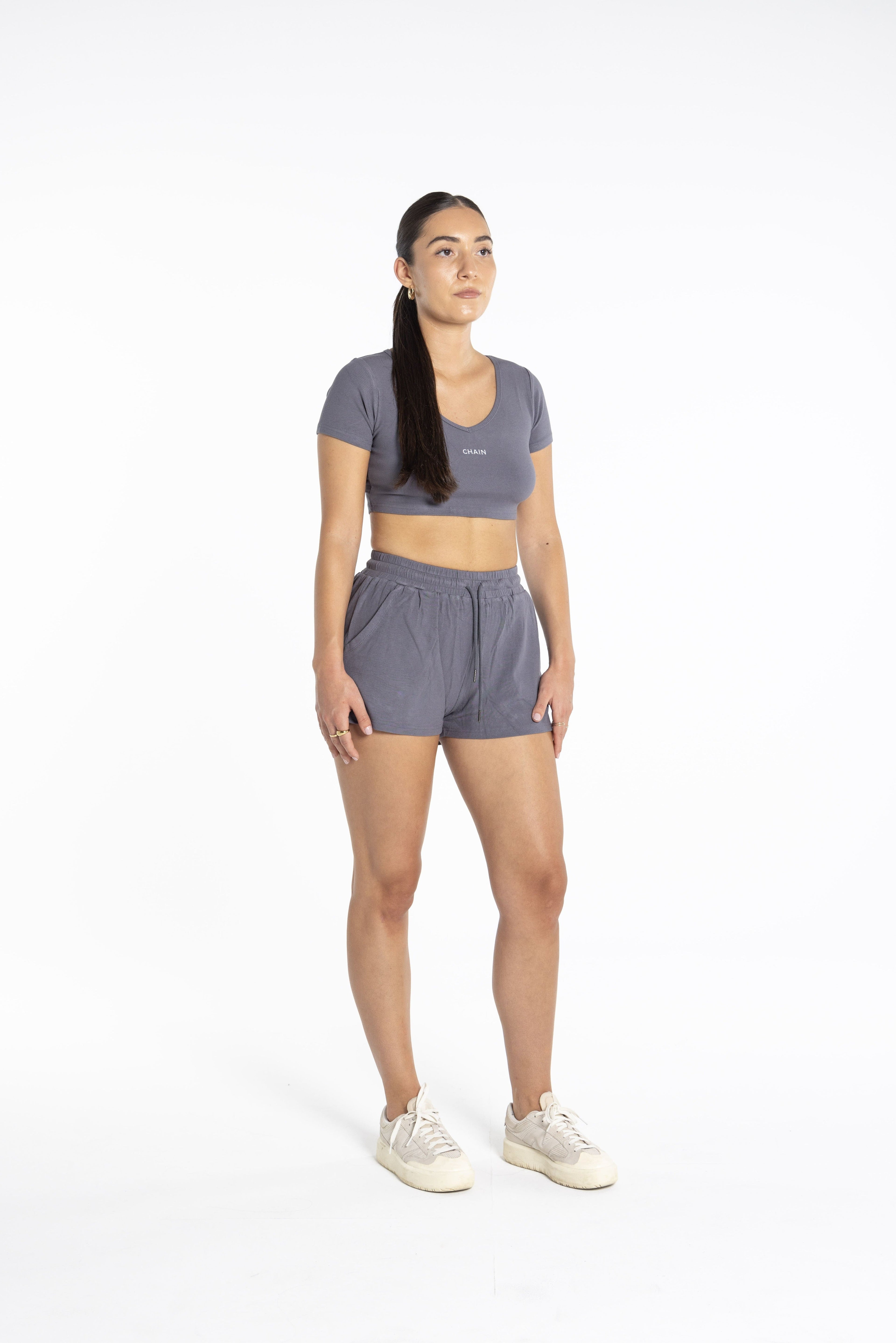 V Neck Crop Baby Tee - Slate Grey